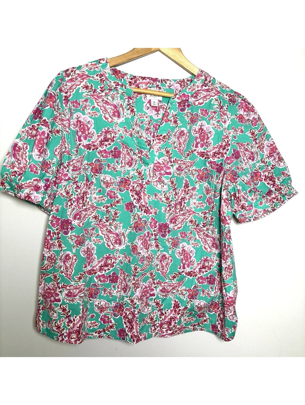 J.Crew Women Size  XL Floral  Puff Sleeve Cotton Blouse Green Pink  Style#CA199
